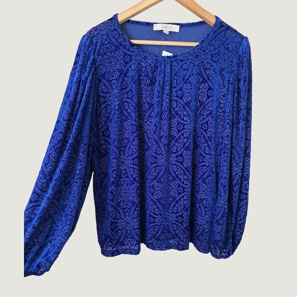 LOFT Blue Burnout Velvet Paisley Damask Balloon Sleeve Blouse Top NWT Large